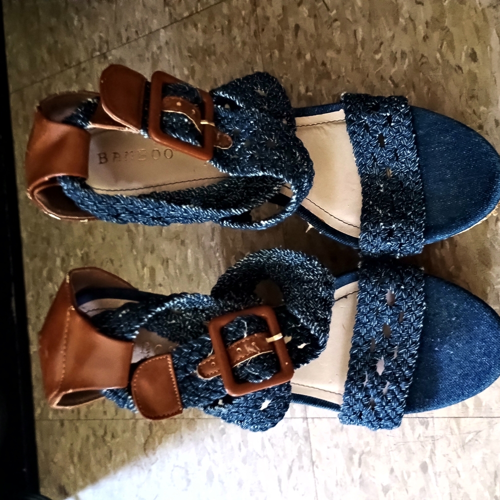 BAMBOO Blue and Brown Sandals with Denim and Leather Straps
